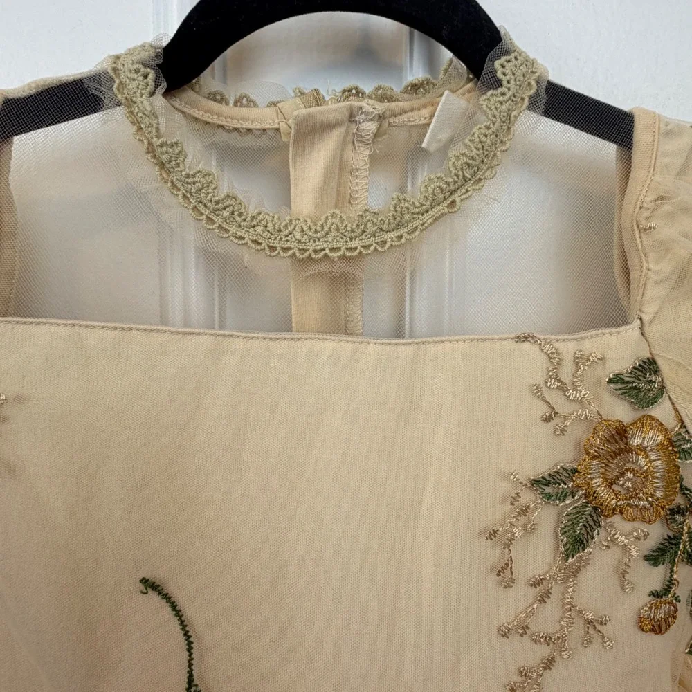 Girls Champagne Floral Embroidered Tulle Party‎ Dress Illusion Neckline Formal